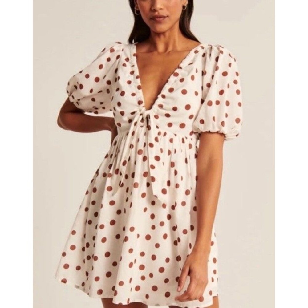 Abercrombie & Fitch XS Polka Dot Mini Dress Tie Cinch Front White Brown Puff - Picture 1 of 6